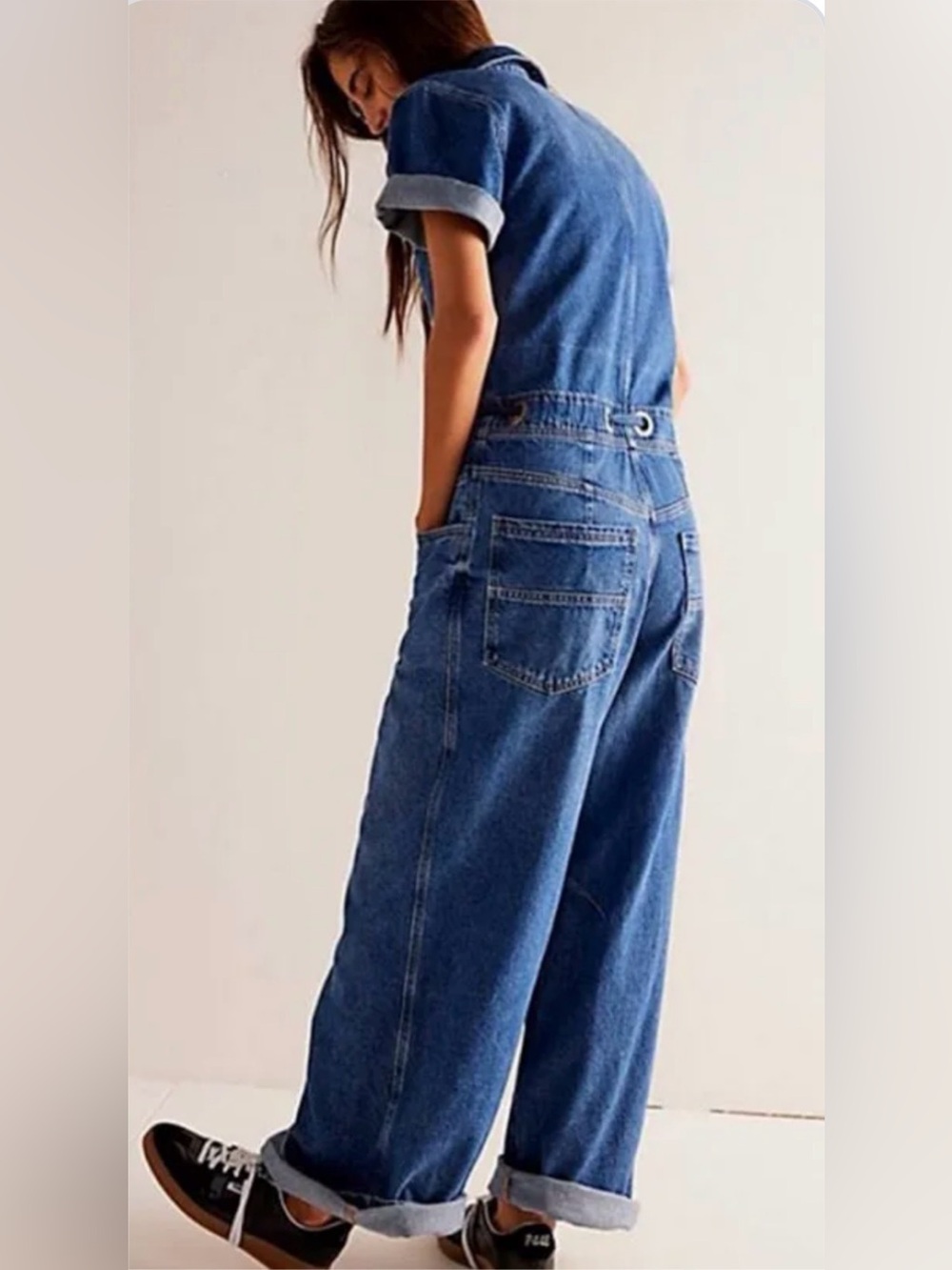 Free People We The Free Edison Wide Leg Coverall Boho Cape Blue Jumpsuit M NWOT - Picture 4 of 13